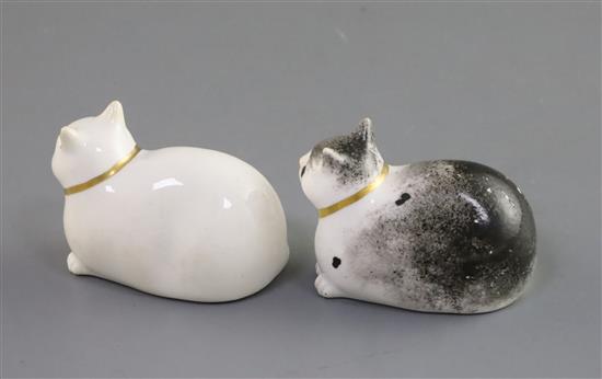 Two Derby porcelain figures of recumbent cats, c.1830, L. 6.1cm, faults to ears